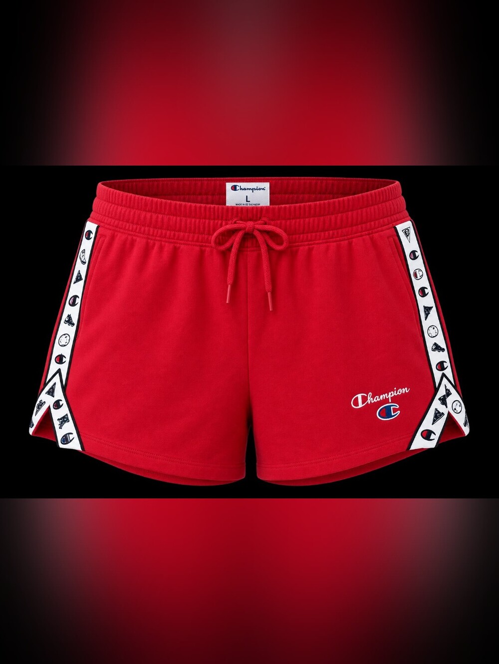 Champion Women’s Large Red Athletic Shorts Side Tape Logo French Terry NWT - Picture 2 of 8
